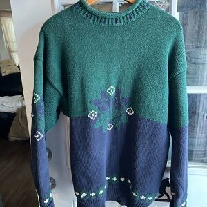 Vintage Gap Green & Navy Sweater with Snowflake Design, roll neck, collar sizeS